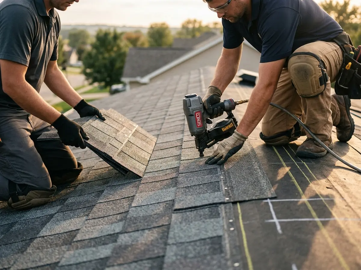 Professional roofer working on a residential roof in Lehman